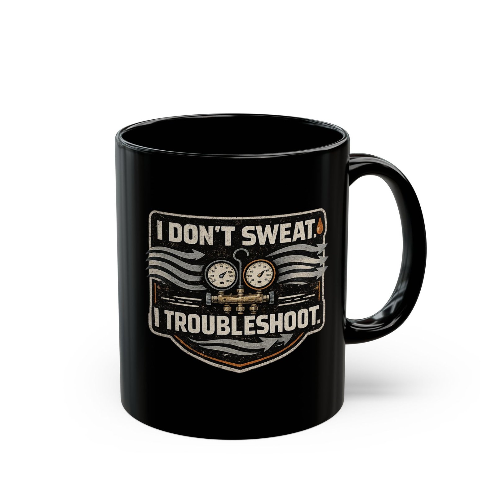 HVAC Tech Coffee Cup – "I Don't Sweat. I Troubleshoot." Retro Tech Mug (Black 11oz / 15oz) - Image 11