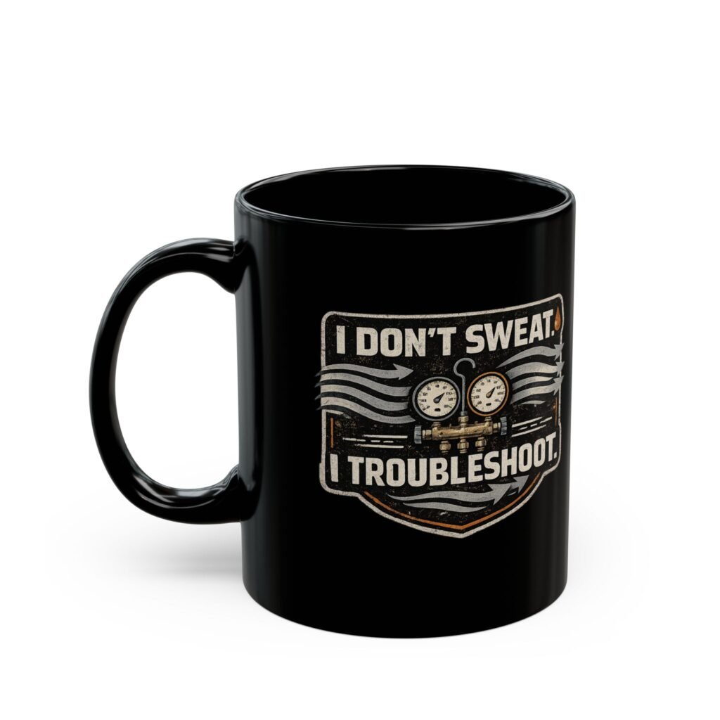 HVAC Tech Coffee Cup – "I Don't Sweat. I Troubleshoot." Retro Tech Mug (Black 11oz / 15oz)