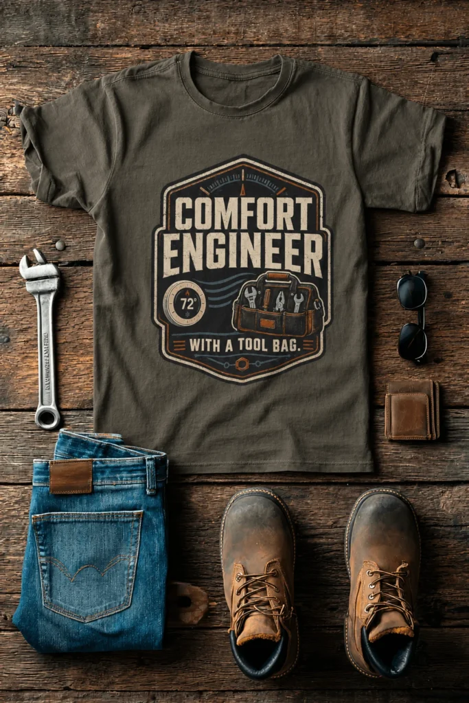 HVAC Tech T-Shirt — "Comfort Engineer" Vintage Tee with a Tool Bag — army t-shirt, flat-lay product photo | Pressure Tested Co