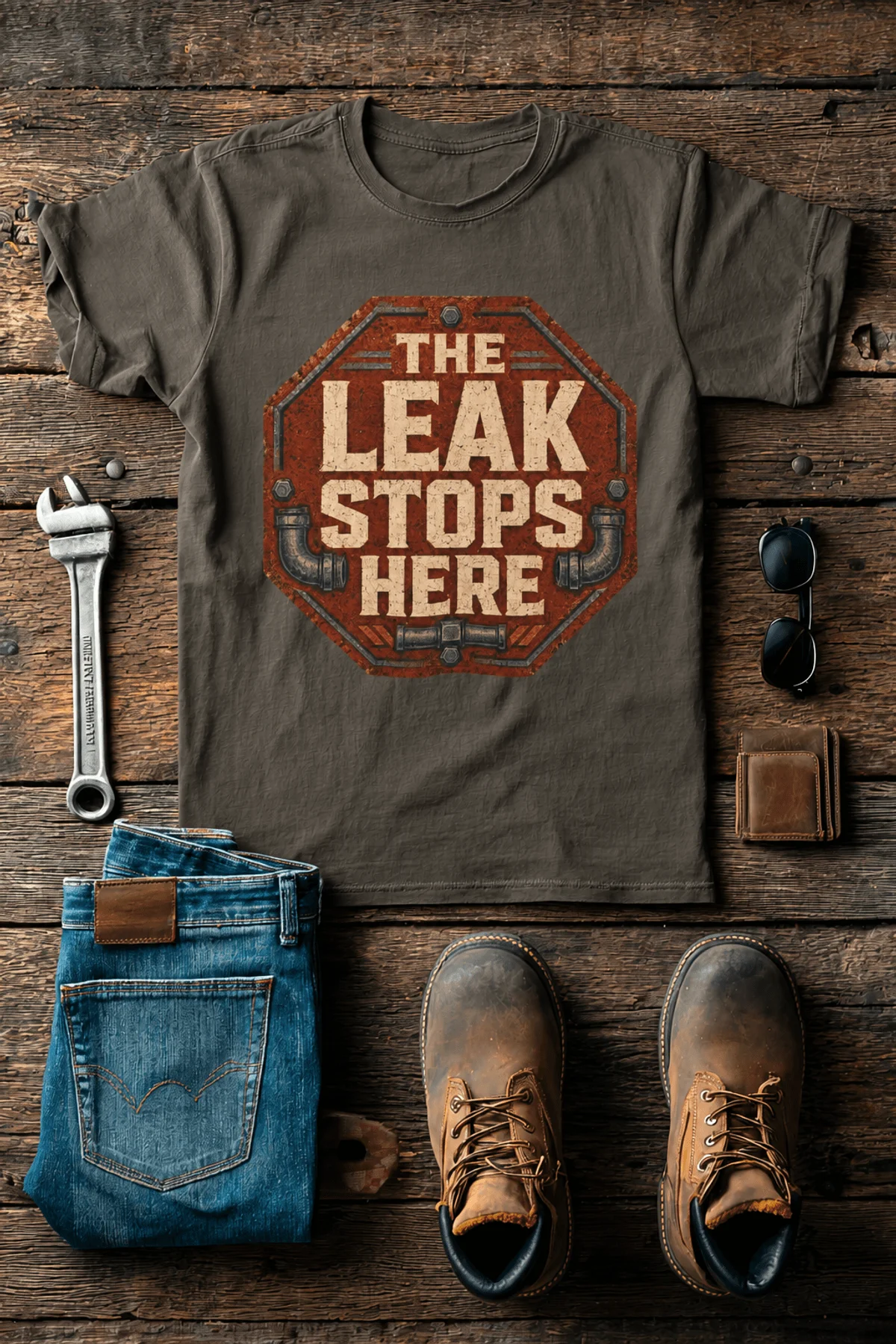"The Leak Stops Here" Stop Sign Badge Style — Plumbing Repair Tech Humorous Tee — army t-shirt, flat-lay product photo | Pressure Tested Co