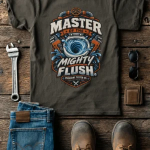 Master of the Mighty Flush T-Shirt — Plumber/Funny Toilet Repair Tee — army t-shirt, flat-lay product photo | Pressure Tested Co