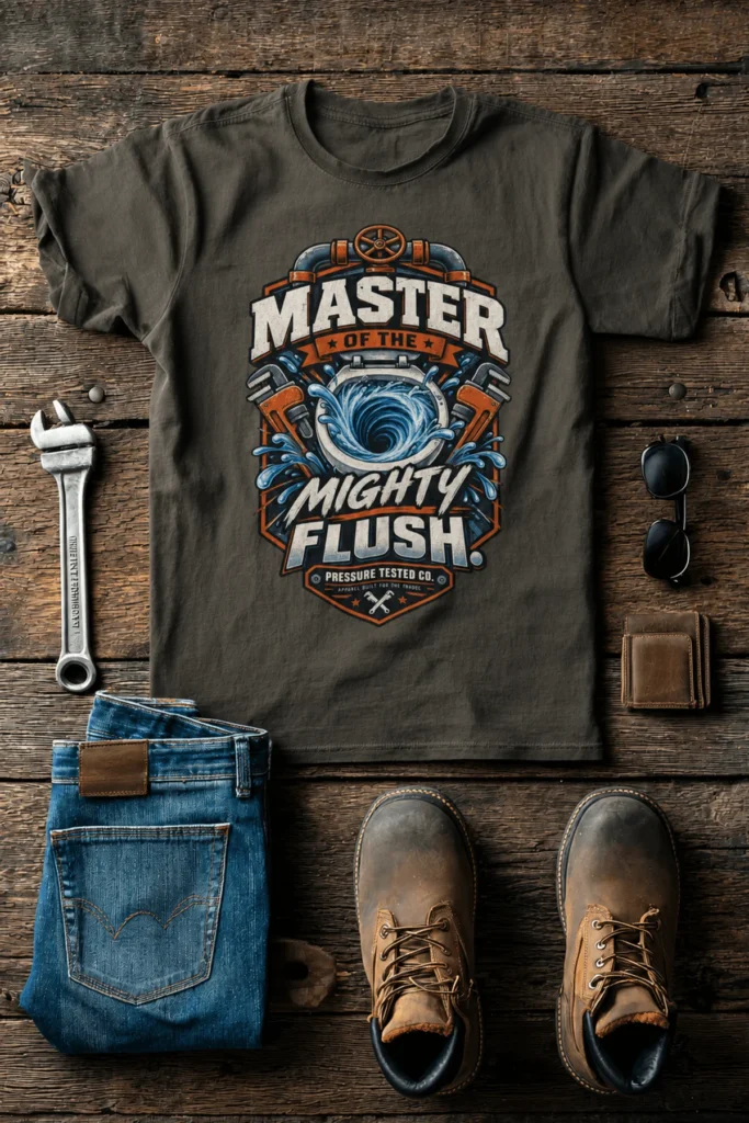 Master of the Mighty Flush T-Shirt — Plumber/Funny Toilet Repair Tee — army t-shirt, flat-lay product photo | Pressure Tested Co
