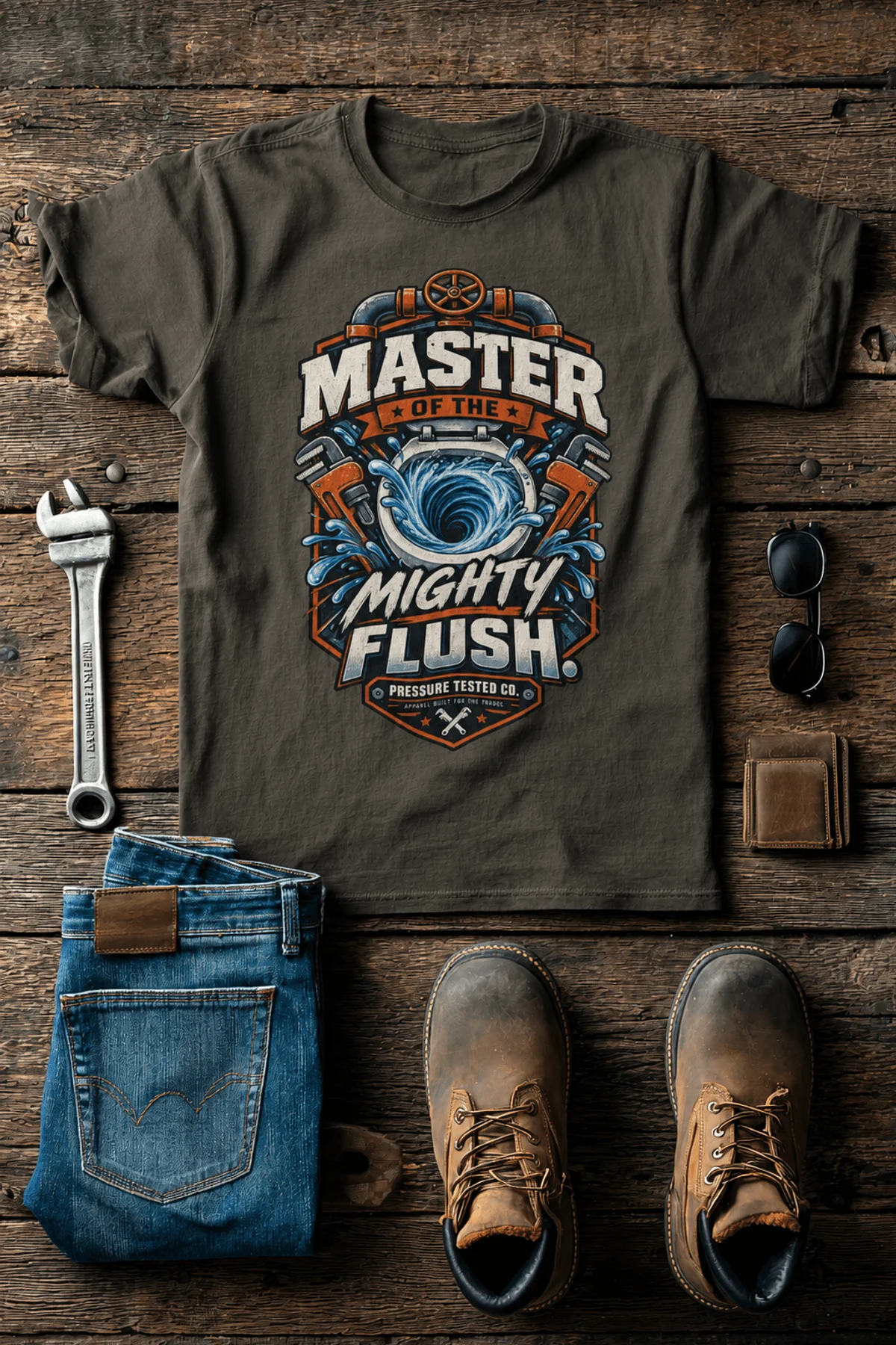 Master of the Mighty Flush T-Shirt — Plumber/Funny Toilet Repair Tee — army t-shirt, flat-lay product photo | Pressure Tested Co