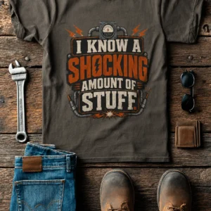 I Know A Shocking Amount Of Stuff T-Shirt — Electrician Science Humorous Tee — army t-shirt, flat-lay product photo | Pressure Tested Co