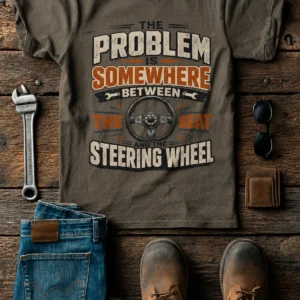 Driving Humor T-Shirt — "The Problem Is Somewhere Between The Seat And The Steering Wheel" — army t-shirt, flat-lay product photo | Pressure Tested Co