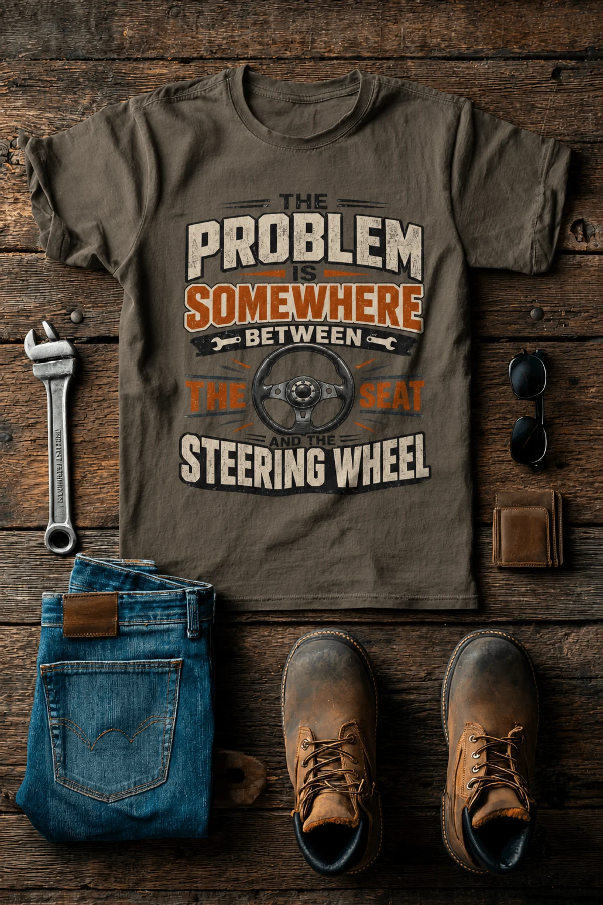 Driving Humor T-Shirt — "The Problem Is Somewhere Between The Seat And The Steering Wheel" — army t-shirt, flat-lay product photo | Pressure Tested Co