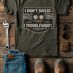 HVAC Tech T-Shirt – "I Don't Sweat. I Troubleshoot." Retro Tech Shirt — army t-shirt, flat-lay product photo | Pressure Tested Co
