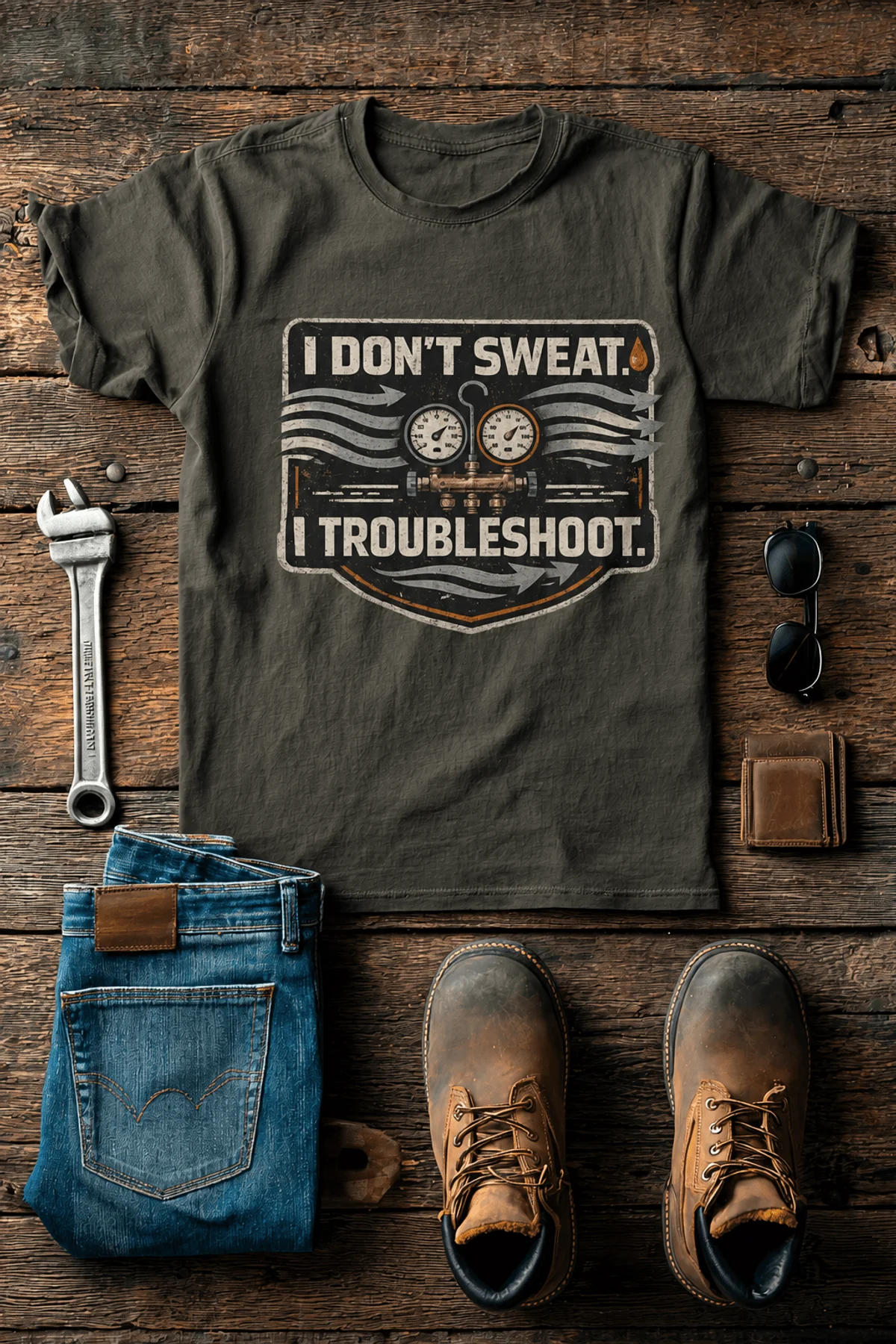 HVAC Tech T-Shirt – "I Don't Sweat. I Troubleshoot." Retro Tech Shirt — army t-shirt, flat-lay product photo | Pressure Tested Co