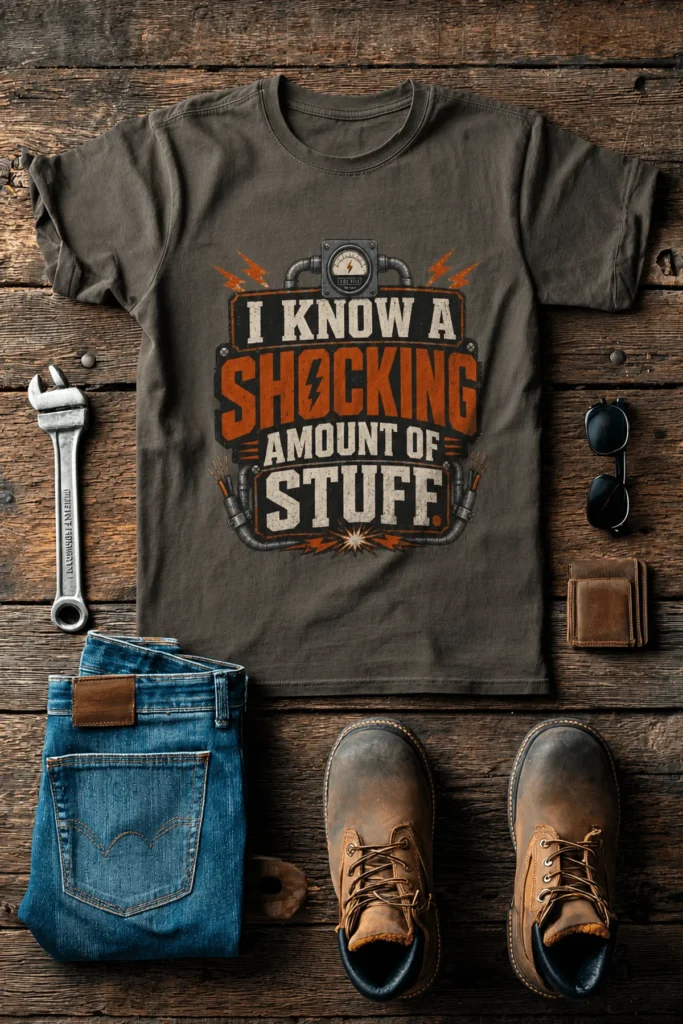 I Know A Shocking Amount Of Stuff T-Shirt — Electrician Science Humorous Tee — army t-shirt, flat-lay product photo | Pressure Tested Co
