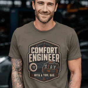 HVAC Tech T-Shirt — "Comfort Engineer" Vintage Tee with a Tool Bag — army t-shirt, model photo | Pressure Tested Co