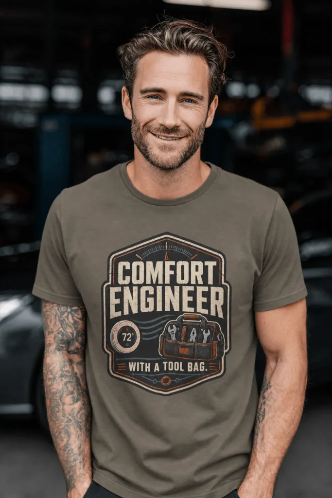 HVAC Tech T-Shirt — "Comfort Engineer" Vintage Tee with a Tool Bag — army t-shirt, model photo | Pressure Tested Co