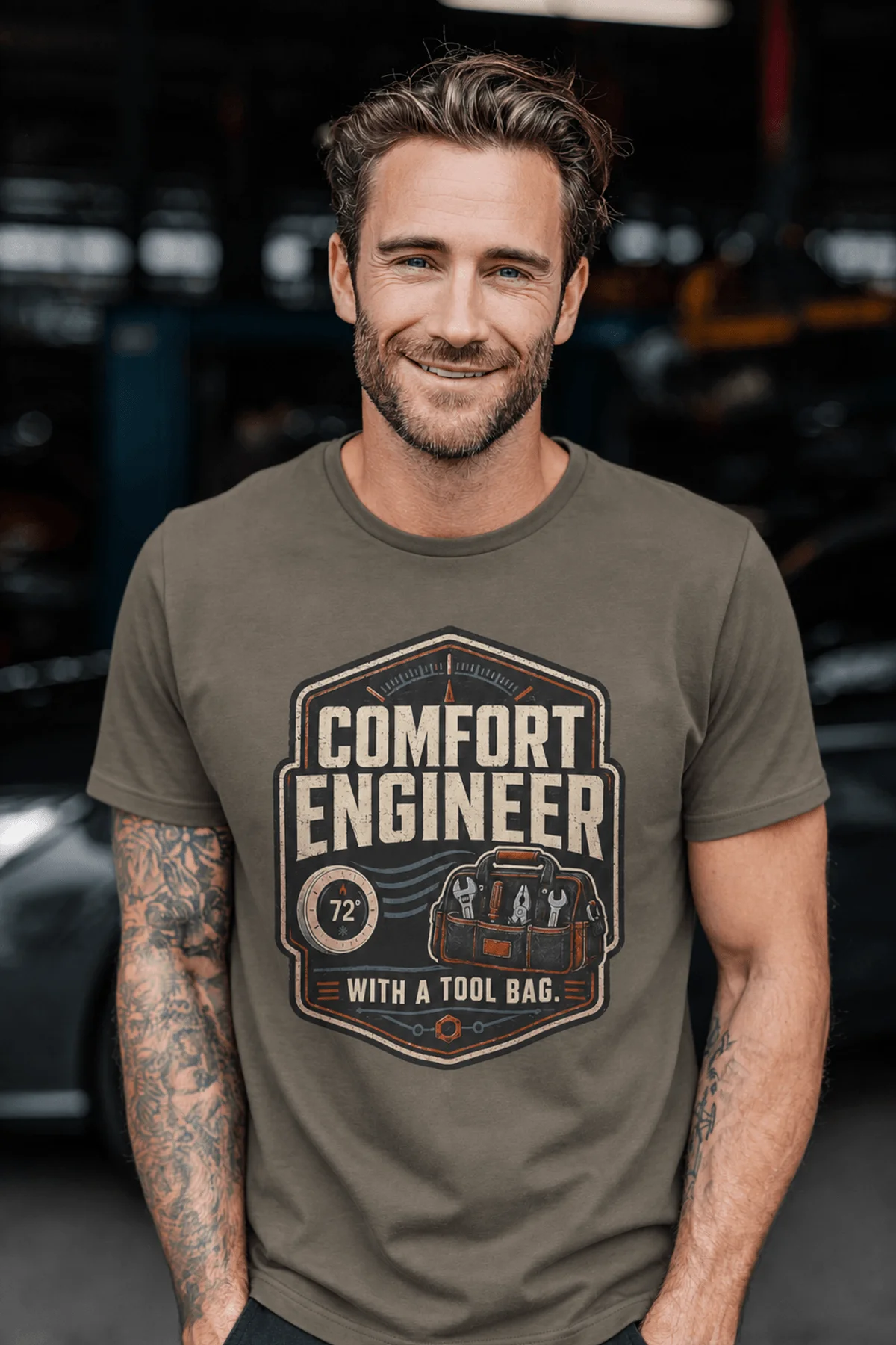 HVAC Tech T-Shirt — "Comfort Engineer" Vintage Tee with a Tool Bag — army t-shirt, model photo | Pressure Tested Co
