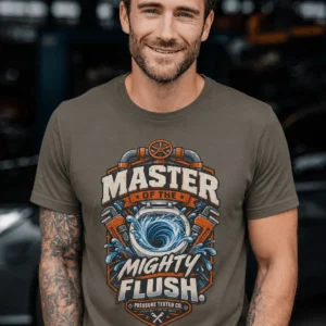 Master of the Mighty Flush T-Shirt — Plumber/Funny Toilet Repair Tee — army t-shirt, model photo | Pressure Tested Co