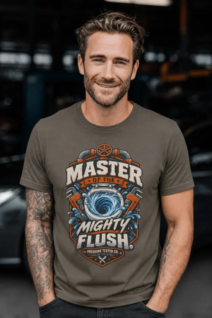 Master of the Mighty Flush T-Shirt — Plumber/Funny Toilet Repair Tee — army t-shirt, model photo | Pressure Tested Co