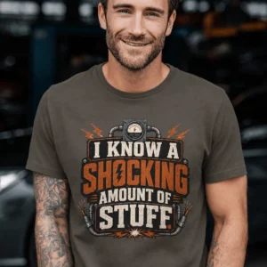 I Know A Shocking Amount Of Stuff T-Shirt — Electrician Science Humorous Tee — army t-shirt, model photo | Pressure Tested Co