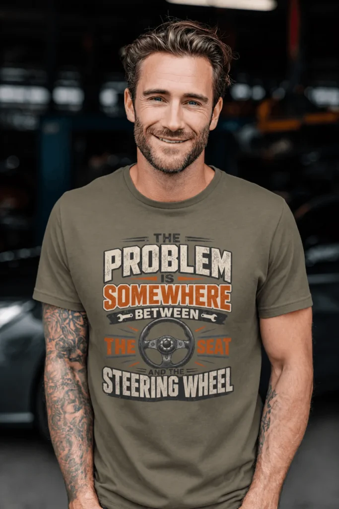 Driving Humor T-Shirt — "The Problem Is Somewhere Between The Seat And The Steering Wheel" — army t-shirt, model photo | Pressure Tested Co