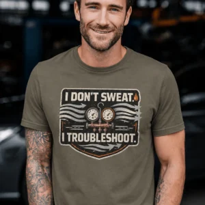 HVAC Tech T-Shirt – "I Don't Sweat. I Troubleshoot." Retro Tech Shirt — army t-shirt, model photo | Pressure Tested Co