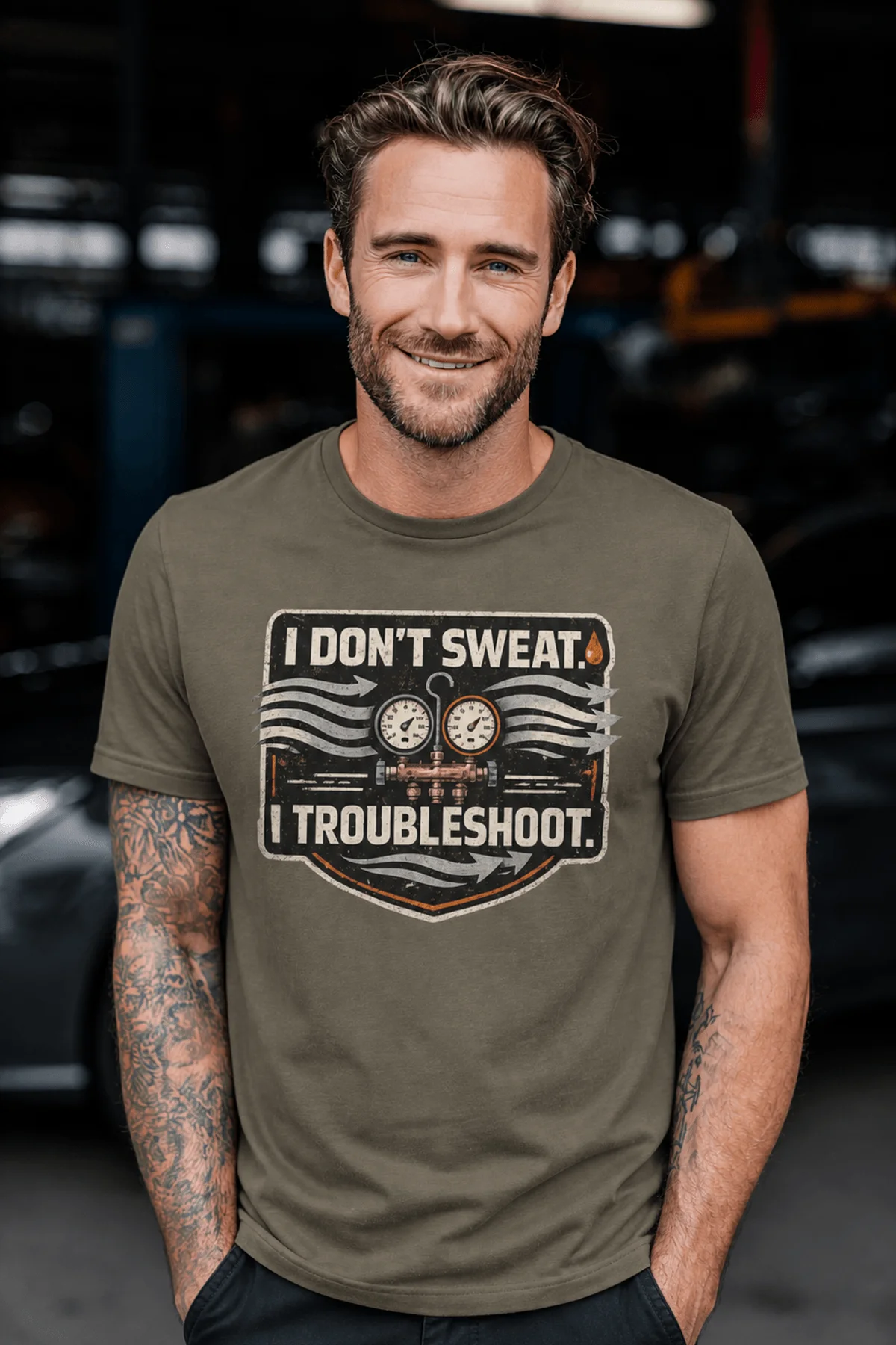 HVAC Tech T-Shirt – "I Don't Sweat. I Troubleshoot." Retro Tech Shirt — army t-shirt, model photo | Pressure Tested Co