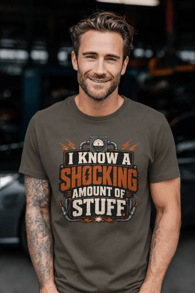 I Know A Shocking Amount Of Stuff T-Shirt — Electrician Science Humorous Tee — army t-shirt, model photo | Pressure Tested Co