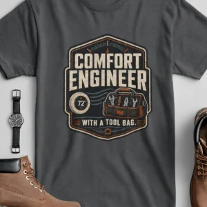 HVAC Tech T-Shirt — "Comfort Engineer" Vintage Tee with a Tool Bag — asphalt t-shirt, flat-lay product photo | Pressure Tested Co