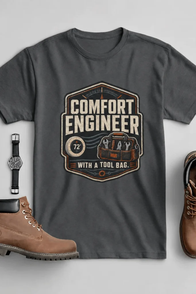 HVAC Tech T-Shirt — "Comfort Engineer" Vintage Tee with a Tool Bag — asphalt t-shirt, flat-lay product photo | Pressure Tested Co