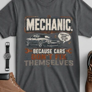 Mechanic Tee — "Mechanic. Because Cars Don't Fix Themselves" Funny Vintage Auto Technician Repair Shirt — asphalt t-shirt, flat-lay product photo | Pressure Tested Co