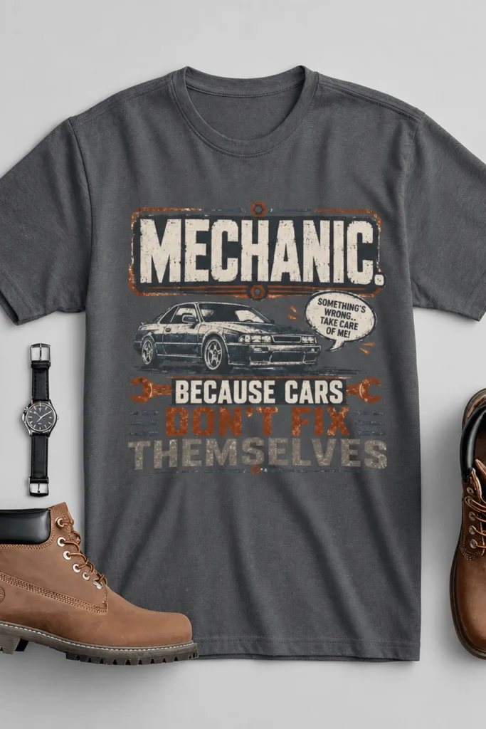 Mechanic Tee — "Mechanic. Because Cars Don't Fix Themselves" Funny Vintage Auto Technician Repair Shirt — asphalt t-shirt, flat-lay product photo | Pressure Tested Co