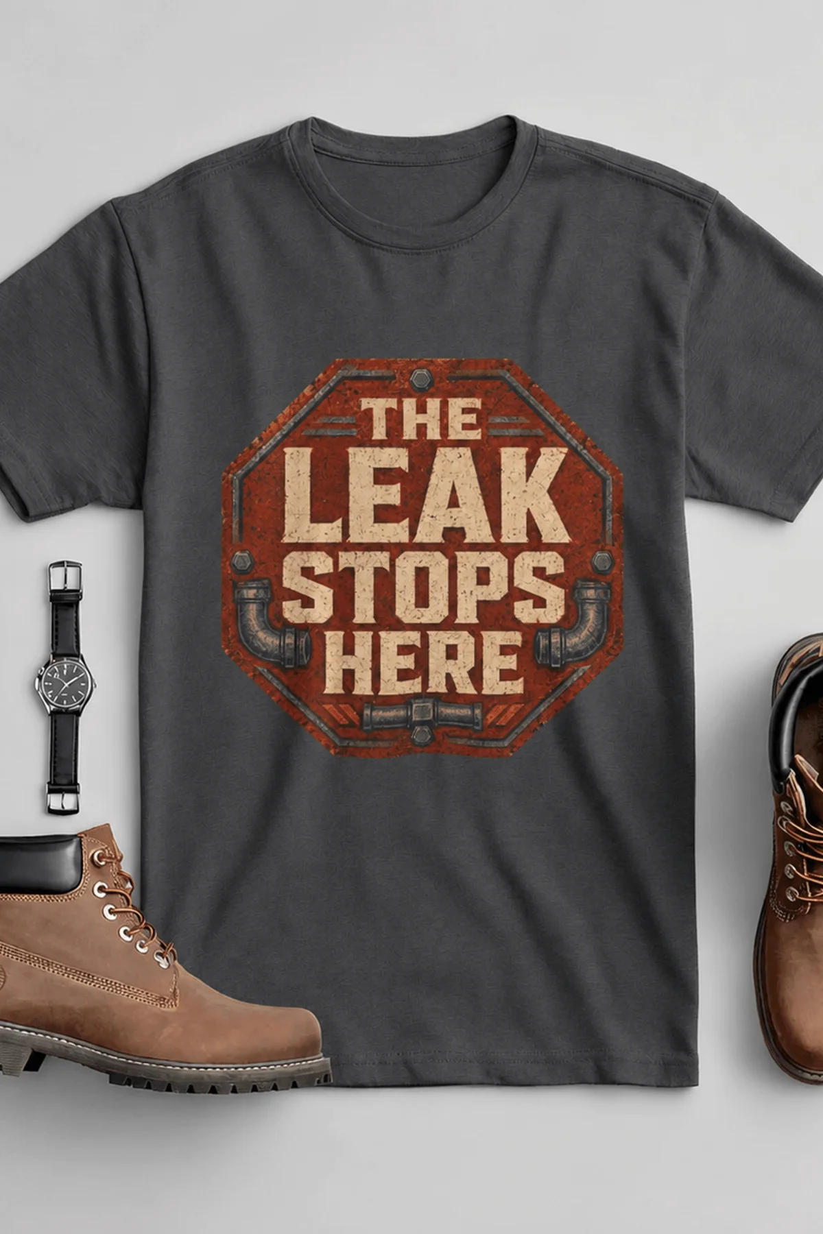 "The Leak Stops Here" Stop Sign Badge Style — Plumbing Repair Tech Humorous Tee — asphalt t-shirt, flat-lay product photo | Pressure Tested Co