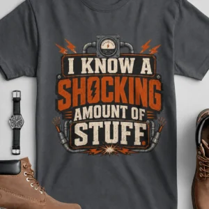 I Know A Shocking Amount Of Stuff T-Shirt — Electrician Science Humorous Tee — asphalt t-shirt, flat-lay product photo | Pressure Tested Co