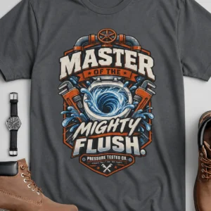 Master of the Mighty Flush T-Shirt — Plumber/Funny Toilet Repair Tee — asphalt t-shirt, flat-lay product photo | Pressure Tested Co
