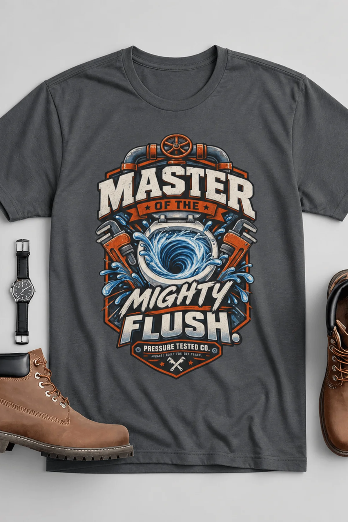 Master of the Mighty Flush T-Shirt — Plumber/Funny Toilet Repair Tee — asphalt t-shirt, flat-lay product photo | Pressure Tested Co