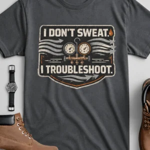 HVAC Tech T-Shirt – "I Don't Sweat. I Troubleshoot." Retro Tech Shirt — asphalt t-shirt, flat-lay product photo | Pressure Tested Co