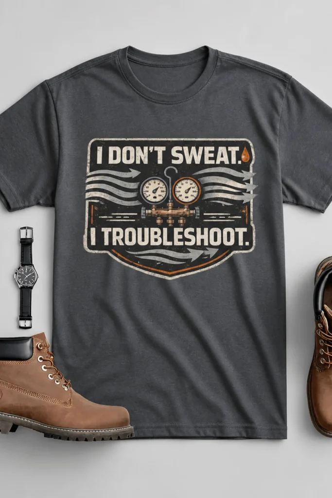 HVAC Tech T-Shirt – "I Don't Sweat. I Troubleshoot." Retro Tech Shirt — asphalt t-shirt, flat-lay product photo | Pressure Tested Co