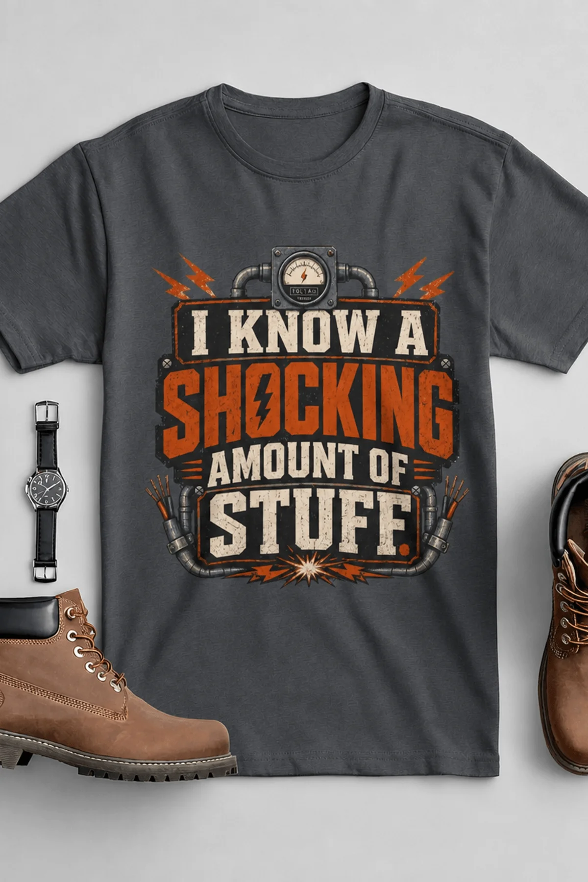 I Know A Shocking Amount Of Stuff T-Shirt — Electrician Science Humorous Tee — asphalt t-shirt, flat-lay product photo | Pressure Tested Co