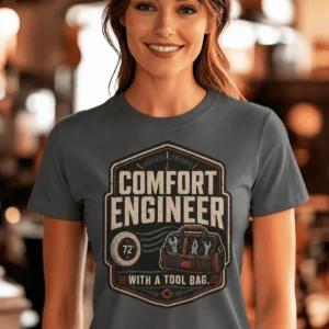 HVAC Tech T-Shirt — "Comfort Engineer" Vintage Tee with a Tool Bag — asphalt t-shirt, model photo | Pressure Tested Co