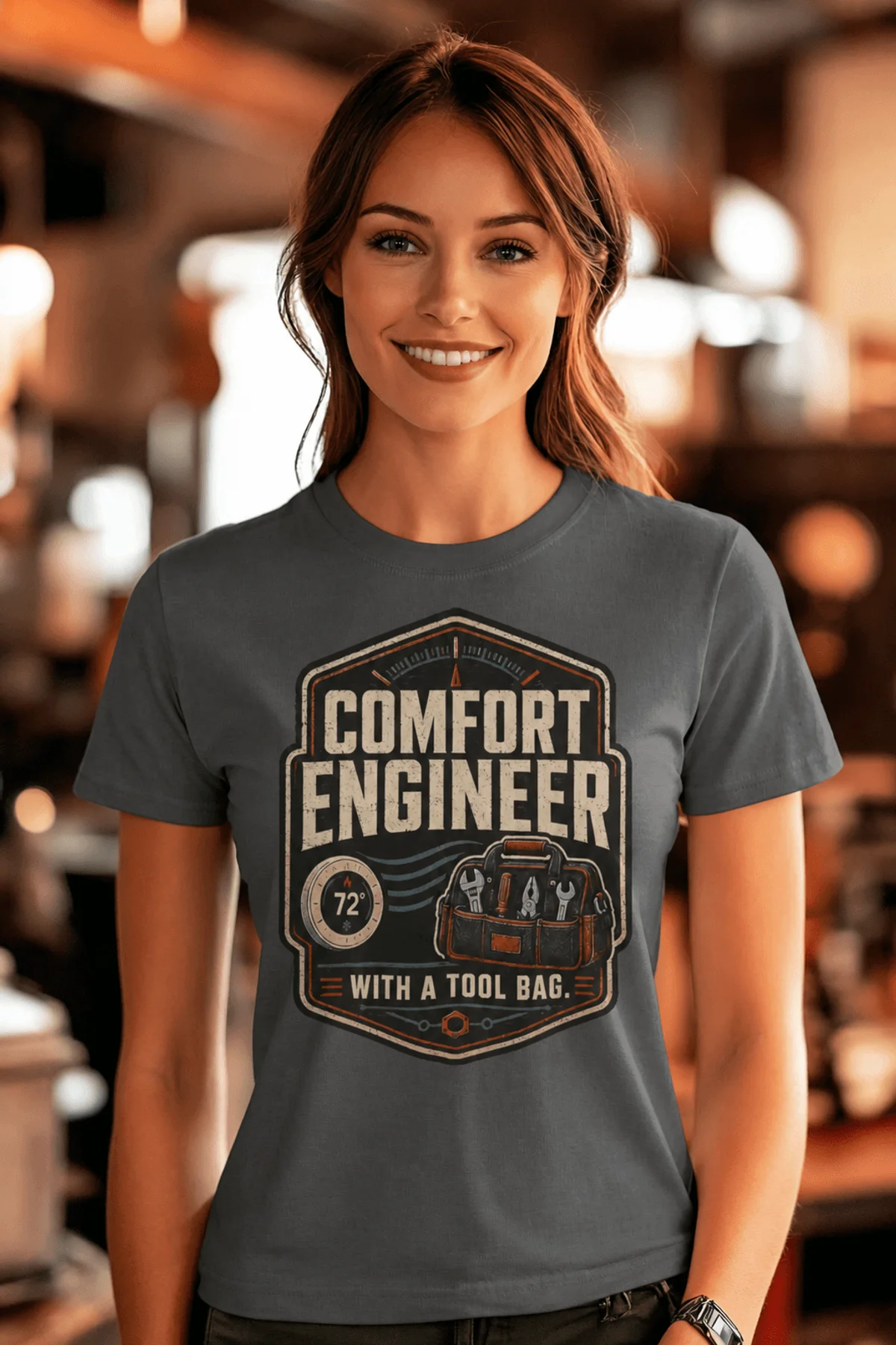 HVAC Tech T-Shirt — "Comfort Engineer" Vintage Tee with a Tool Bag — asphalt t-shirt, model photo | Pressure Tested Co