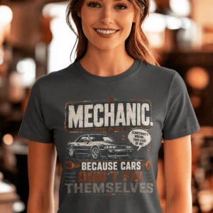 Mechanic Tee — "Mechanic. Because Cars Don't Fix Themselves" Funny Vintage Auto Technician Repair Shirt — asphalt t-shirt, model photo | Pressure Tested Co