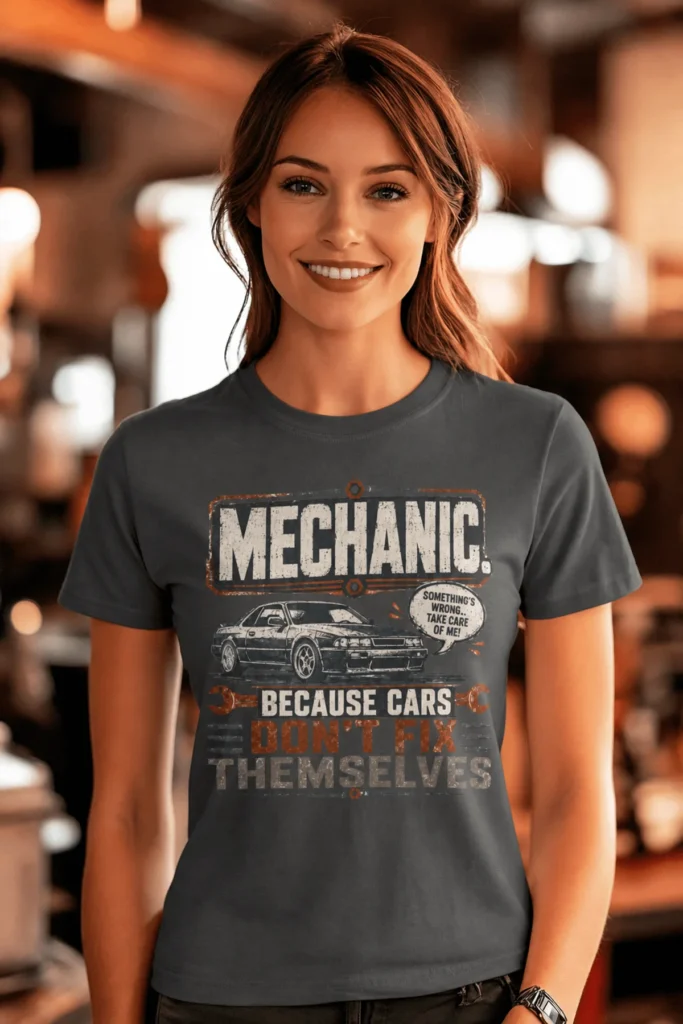 Mechanic Tee — "Mechanic. Because Cars Don't Fix Themselves" Funny Vintage Auto Technician Repair Shirt — asphalt t-shirt, model photo | Pressure Tested Co
