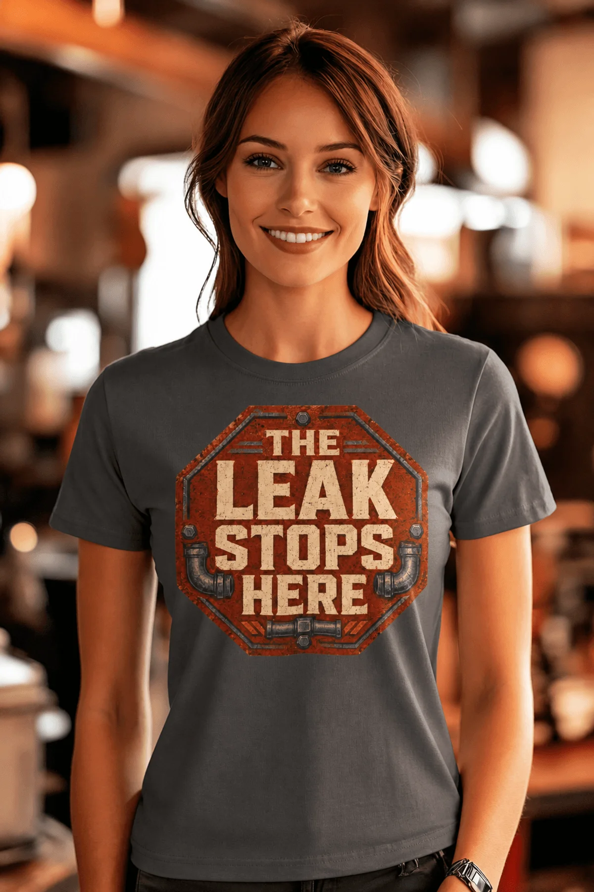 "The Leak Stops Here" Stop Sign Badge Style — Plumbing Repair Tech Humorous Tee — asphalt t-shirt, model photo | Pressure Tested Co