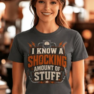 I Know A Shocking Amount Of Stuff T-Shirt — Electrician Science Humorous Tee — asphalt t-shirt, model photo | Pressure Tested Co
