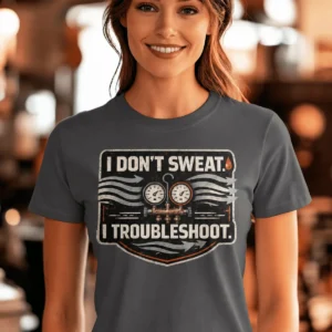 HVAC Tech T-Shirt – "I Don't Sweat. I Troubleshoot." Retro Tech Shirt — asphalt t-shirt, model photo | Pressure Tested Co