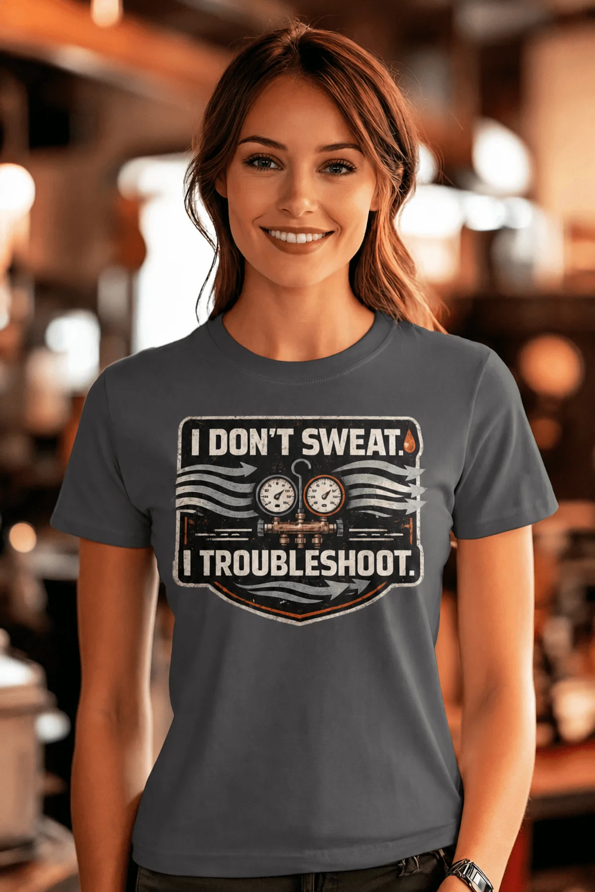 HVAC Tech T-Shirt – "I Don't Sweat. I Troubleshoot." Retro Tech Shirt — asphalt t-shirt, model photo | Pressure Tested Co
