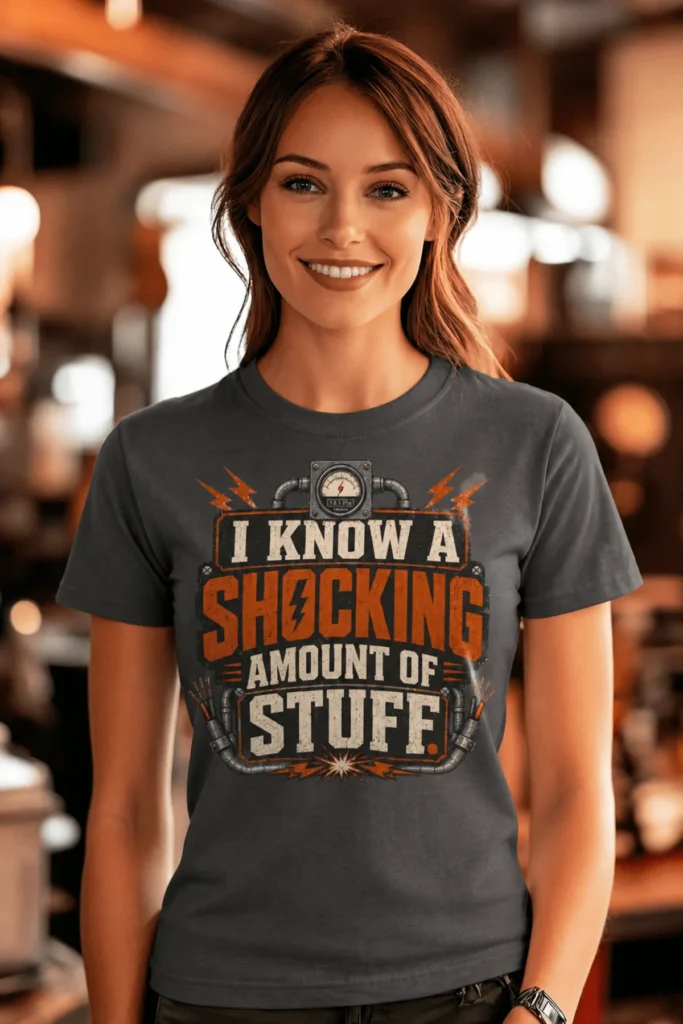 I Know A Shocking Amount Of Stuff T-Shirt — Electrician Science Humorous Tee — asphalt t-shirt, model photo | Pressure Tested Co