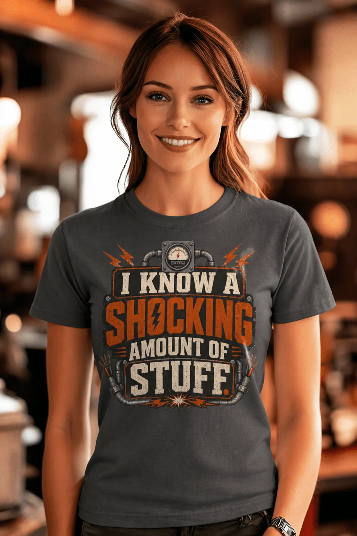 I Know A Shocking Amount Of Stuff T-Shirt — Electrician Science Humorous Tee — asphalt t-shirt, model photo | Pressure Tested Co