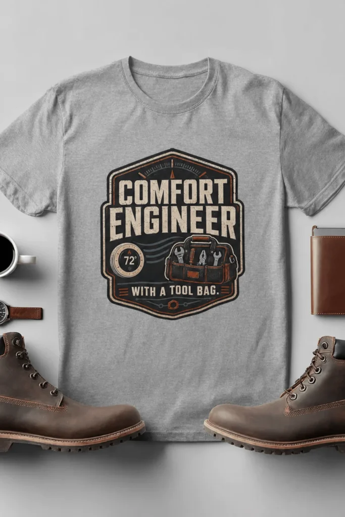 HVAC Tech T-Shirt — "Comfort Engineer" Vintage Tee with a Tool Bag — athletic-heather t-shirt, flat-lay product photo | Pressure Tested Co