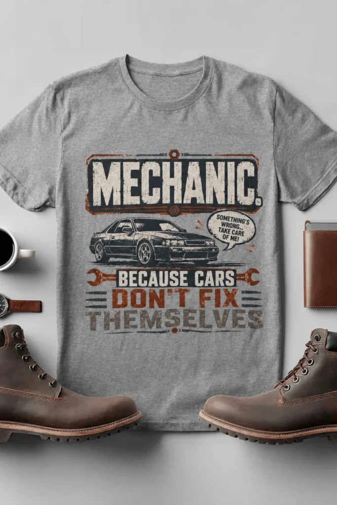Mechanic Tee — "Mechanic. Because Cars Don't Fix Themselves" Funny Vintage Auto Technician Repair Shirt — athletic-heather t-shirt, flat-lay product photo | Pressure Tested Co