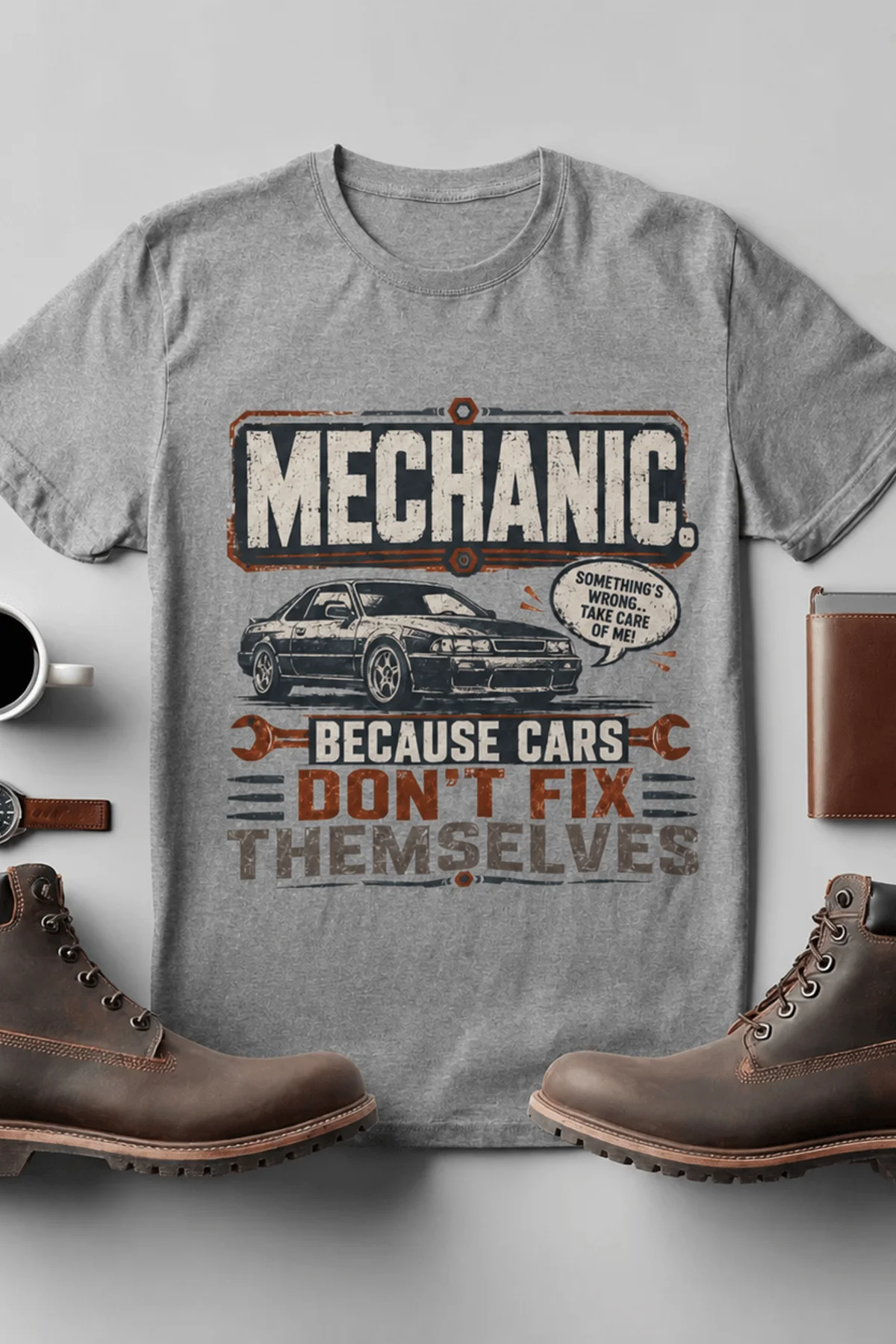 Mechanic Tee — "Mechanic. Because Cars Don't Fix Themselves" Funny Vintage Auto Technician Repair Shirt — athletic-heather t-shirt, flat-lay product photo | Pressure Tested Co