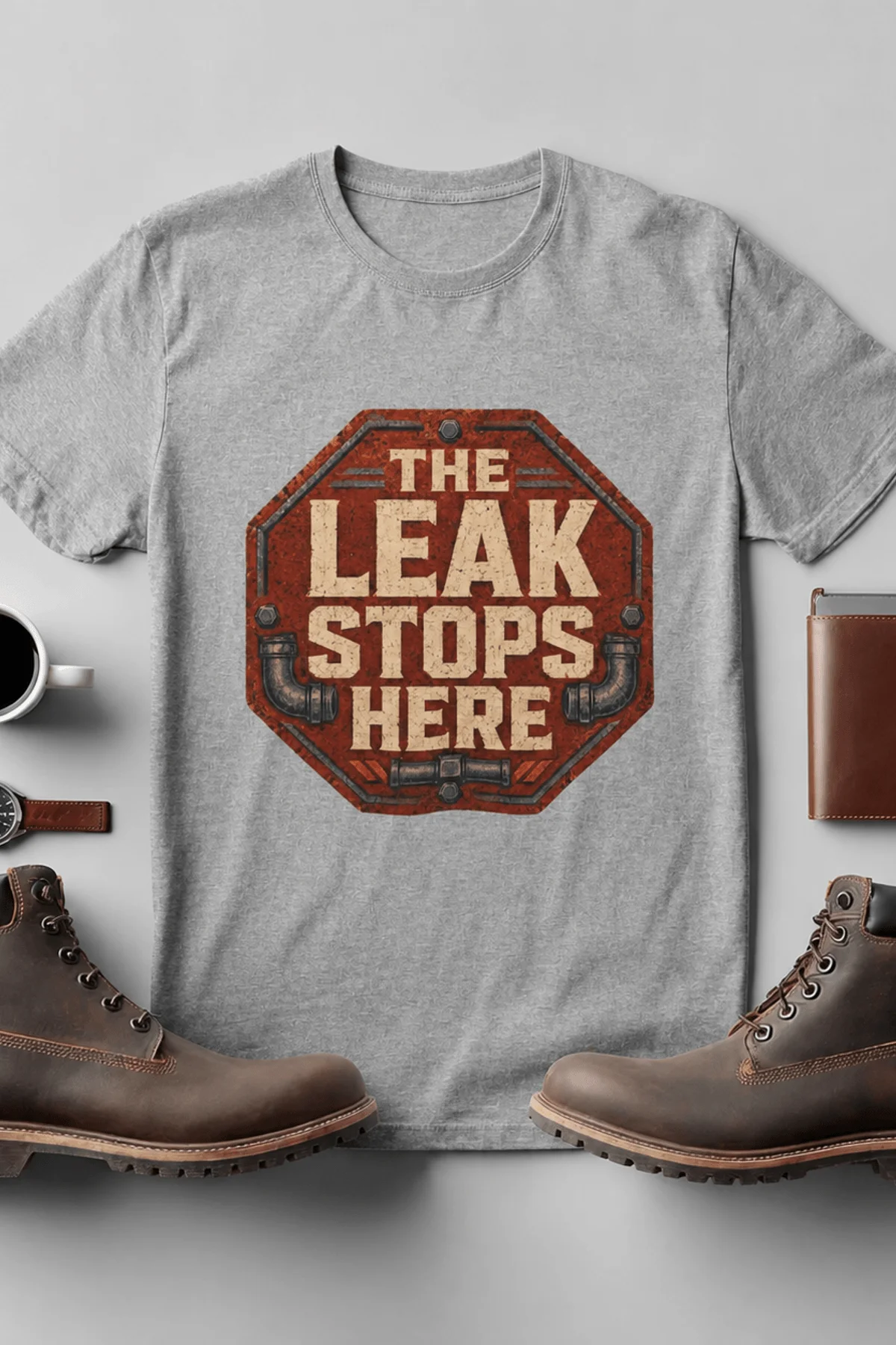 "The Leak Stops Here" Stop Sign Badge Style — Plumbing Repair Tech Humorous Tee — athletic-heather t-shirt, flat-lay product photo | Pressure Tested Co
