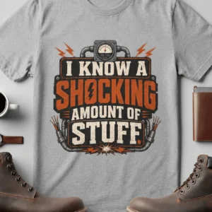 I Know A Shocking Amount Of Stuff T-Shirt — Electrician Science Humorous Tee — athletic-heather t-shirt, flat-lay product photo | Pressure Tested Co