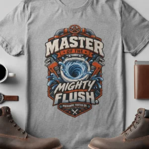 Master of the Mighty Flush T-Shirt — Plumber/Funny Toilet Repair Tee — athletic-heather t-shirt, flat-lay product photo | Pressure Tested Co